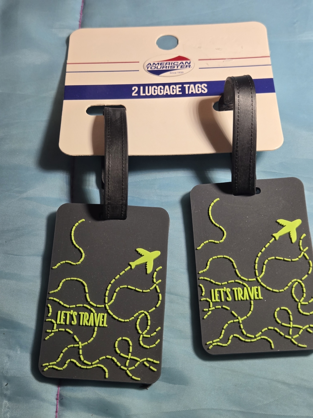 American Tourister "Let’s Travel" Gray & Neon Green Luggage Tags (2)